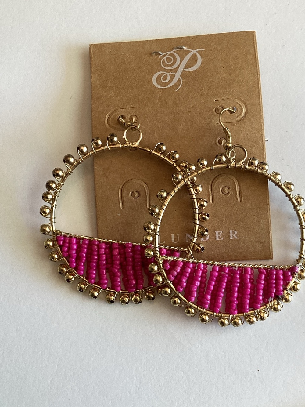 Plunder Gold Hoop Earrings with Bright Pink Bead Inlay